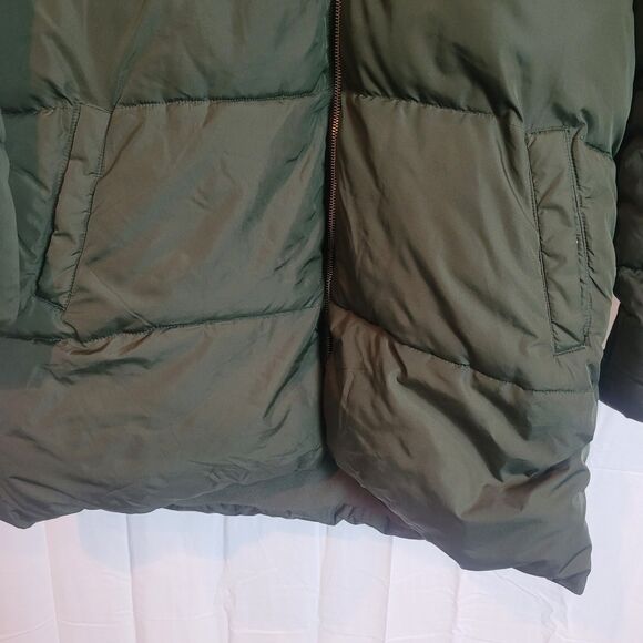 Old Navy Long Puffer Jacket Women's Size Large Green Faux Fur Trim Outdoor READ - Picture 5 of 13